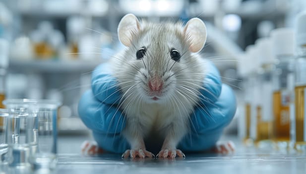 In the laboratory, a rodent from Muroidea family with whiskers and fur, wearing blue gloves, is sitting on a table near a liquid water organism. A scientific event featuring a terrestrial animal