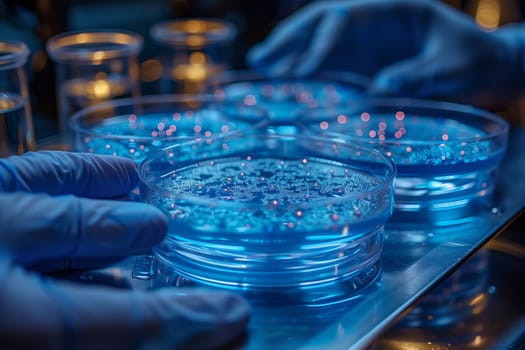 A person is holding a glass petri dish filled with electric blue liquid in a laboratory