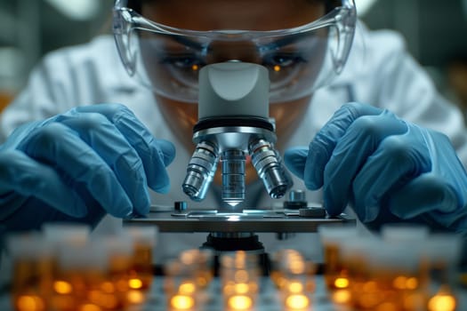 a female scientist is looking through a microscope in a laboratory . High quality