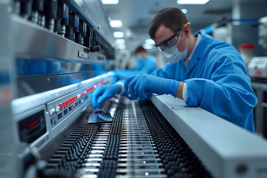 An engineer at a research institute is using an electric blue machine to work with composite materials. He wears a mask and gloves for safety