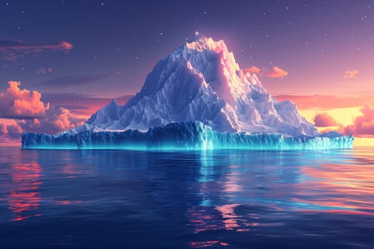 A massive iceberg, resembling a mountain of ice, peacefully floats in the vast ocean, creating a stunning natural landscape under the open sky
