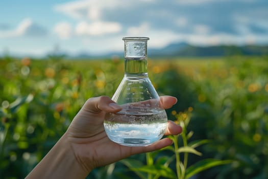 A person is standing in a field holding a beaker of water, surrounded by plants and under a cloudy sky. The beaker contains liquid, possibly drinking water