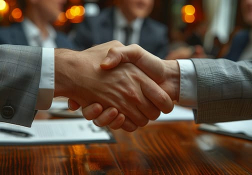 A woman in a blazer and suit trousers and a man in a suit are gesturing a greeting by shaking hands over a wooden table, their fingers intertwined