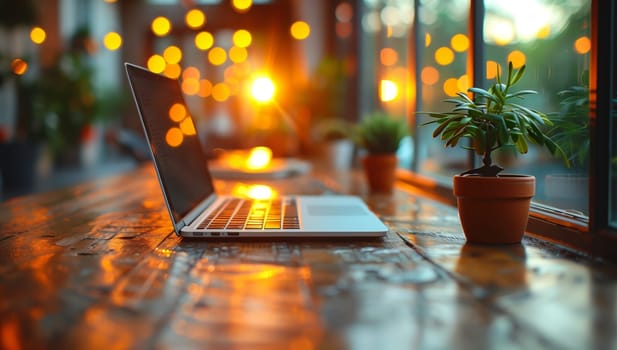 A laptop computer is placed on a wooden table beside a potted plant, soaking in the ambient sunlight that casts an amber glow on the rooms architecture