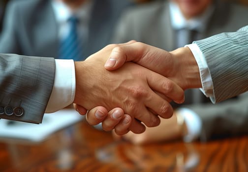 Two gentlemen in formal wear are sharing a handshake gesture over a wooden table at a formal event. Their fingers, thumbs, and wrists are visible, as well as their nails, jewellery, and cuffs