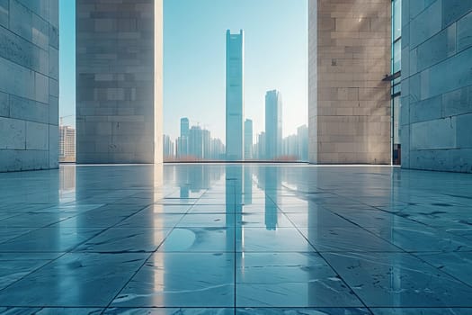 An empty room on a high floor of a condominium building, with a view of the azure city skyline through the window, framed by tall skyscrapers and tower blocks