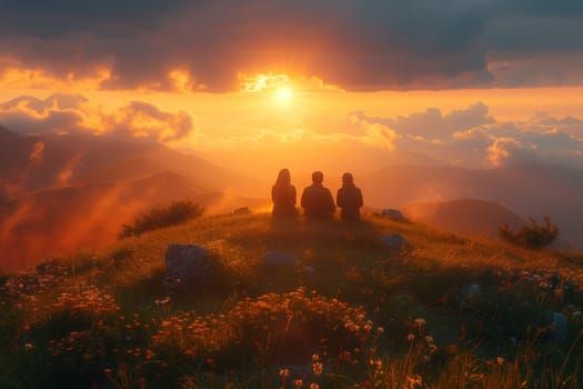 Three individuals perched on a hilltop, gazing out at the sun setting in the sky. The atmosphere is filled with afterglow hues, painting the natural landscape in shades of dusk