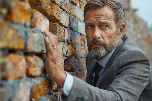 A man with facial hair and a moustache is gesturing against a brick wall, showcasing a mix of history and visual arts in his attire