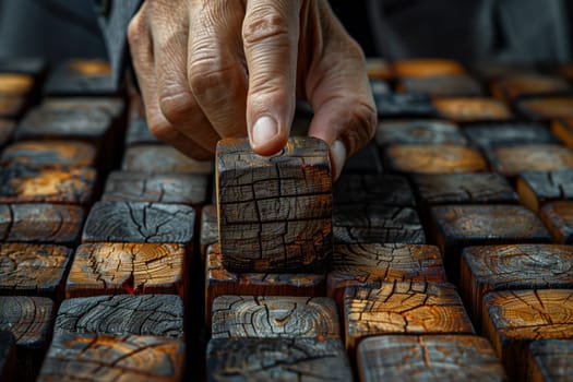 A person is playing a game of chess with wooden cubes, using their fingers to move the pieces. The wooden cubes resemble bricks used in construction