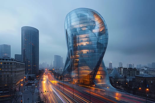 A breathtaking aerial view of a cityscape with a towering skyscraper that resembles a giant head, illuminated by the automotive lighting of the world below