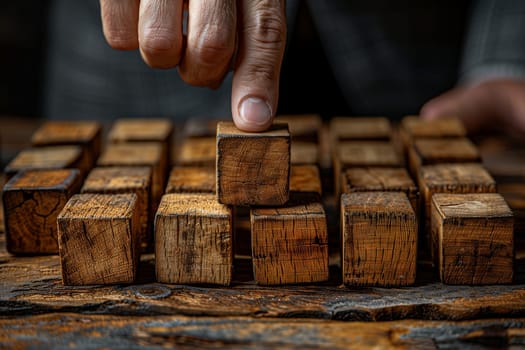 The person is using their hands to play a game with wooden blocks on a hardwood table. Their fingers and thumbs make precise gestures as they build structures, similar to stacking bricks