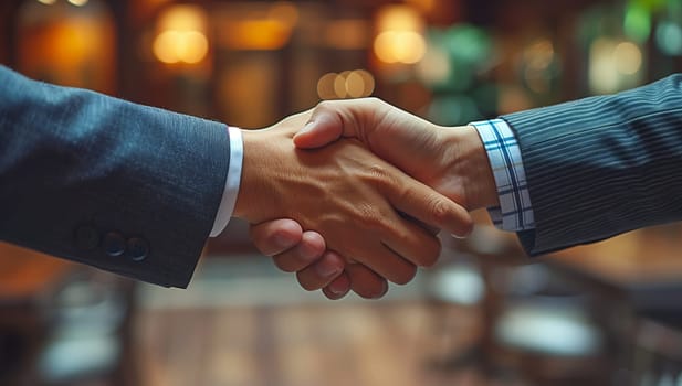 Two gentlemen in electric blue suits are exchanging a firm handshake at a formal event in a restaurant, their hands elegantly reaching out with natural gestures