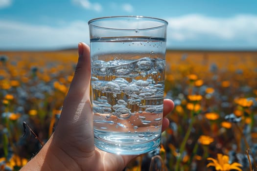 A person is holding a glass of water in front of a beautiful field of flowers, with fluffy clouds and a clear blue sky above