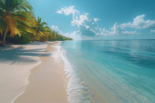 A natural landscape with palm trees on a tropical beach, azure water crashing on the sand under a clear sky with fluffy clouds on the horizon