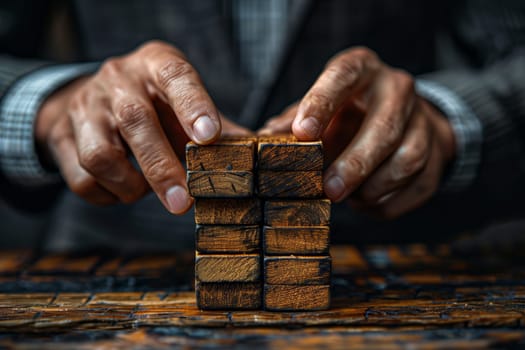 A man in a suit is using his hand to hold a stack of wooden blocks. His fingers and thumb are gripping the hardwood blocks firmly, creating a pattern against his wrist