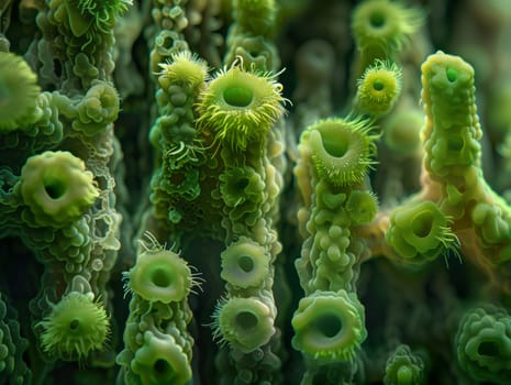 Closeup of a green spongelike plant with intricate holes and patterns, resembling a terrestrial plant in macro photography