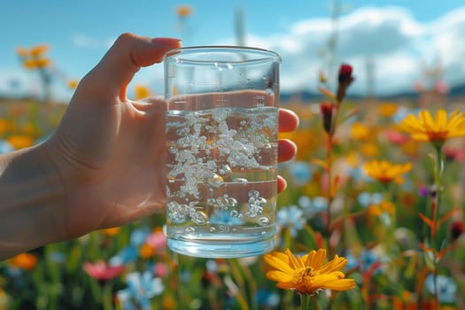 A person is holding a glass of water in front of a field of flowers, with petals swaying in the gentle breeze under a clear blue sky