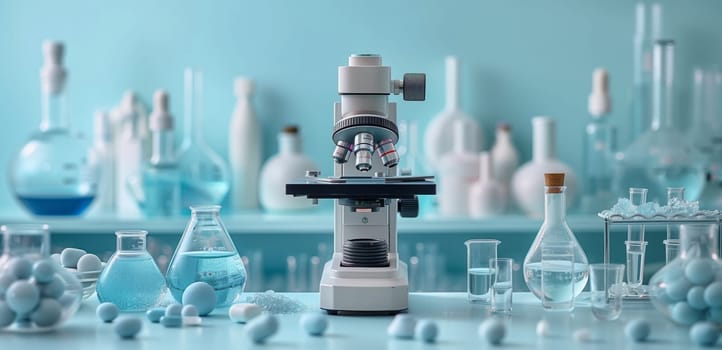 a microscope is sitting on top of a table in a laboratory surrounded by test tubes and flasks . High quality