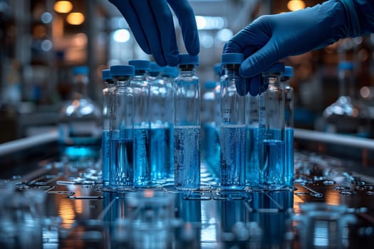 A person is holding a bottle of electric blue liquid in a laboratory, possibly an alcoholic beverage. The glass bottle is filled with a mysterious fluid