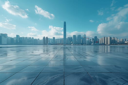 An empty plaza with a city skyline in the background, featuring skyscrapers towering into the azure sky, creating a stunning urban atmosphere
