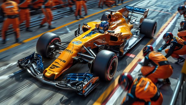 A bright yellow race car is receiving automotive tire service from mechanics on the asphalt race track, surrounded by other racing vehicles