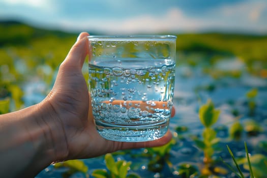 The person is holding a drinkware filled with a liquid. Nearby, there is some vegetation and grass on the table, creating a serene atmosphere