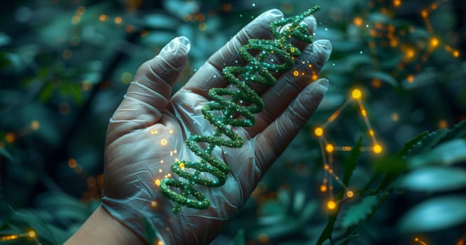 The person is holding a terrestrial plant in their hand, possibly a small decorative Christmas tree. The plant has electric blue needles and is reminiscent of a conifer tree commonly found in forests