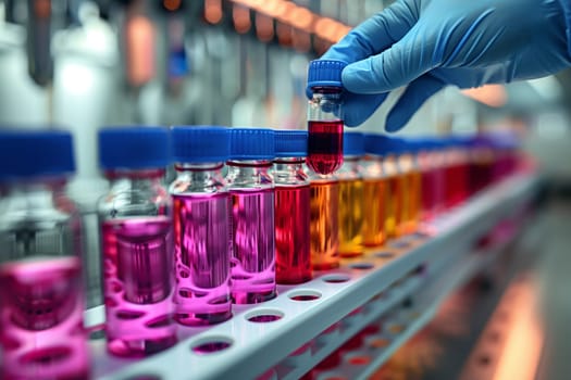 A person is transferring liquid into a test tube in a science laboratory, handling laboratory equipment to create a solution