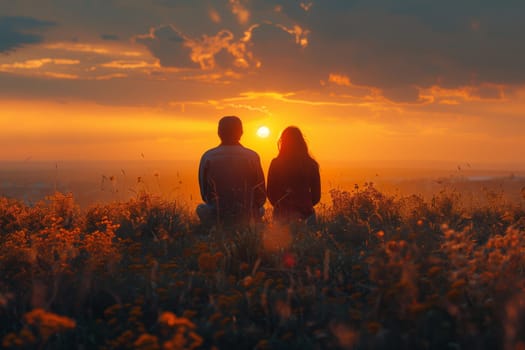 A man and a woman are enjoying the sunset in a field, surrounded by a beautiful natural landscape. They look happy and content as the sky fills with clouds and the afterglow of dusk
