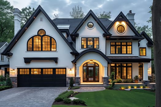 A large white and black house with a black garage door, surrounded by green grass, trees, and blue skies in a residential area