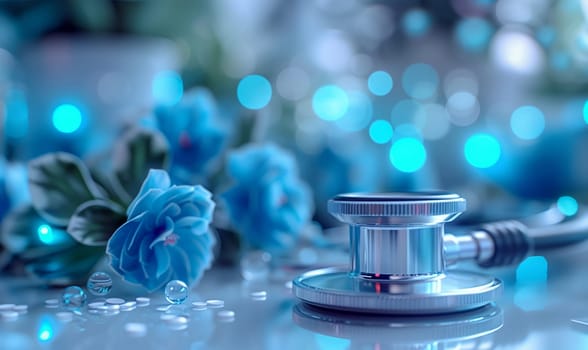 An electric blue stethoscope and a glass of aqua liquid sit on a table next to blue flowers, creating a calming and elegant atmosphere