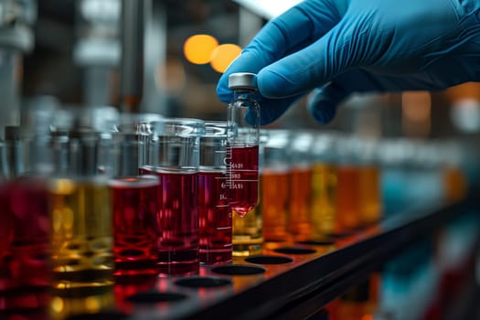 The scientist is transferring a liquid sample from a test tube to a glass in the laboratory for analysis. The solution is being carefully poured into the drinkware for further testing