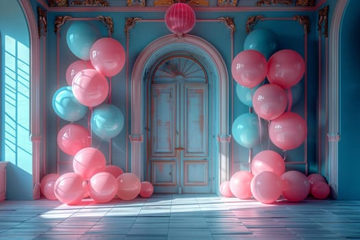 The room is filled with pink and blue balloons, creating a festive atmosphere. The balloons add a pop of color to the space, complementing the aqua windows and magenta door