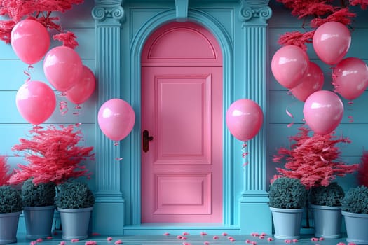 The property features a pink door adorned with pink balloons and potted plants, creating a vibrant and inviting entrance in a blend of pink and green hues