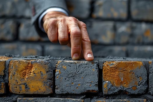 Using only his hand, the man is creating a brick wall with precise gestures. Each brick is carefully placed to form a sturdy structure