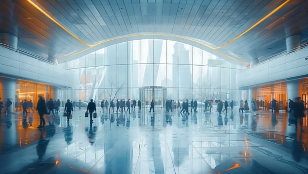 A fixture of blurry figures descend into an electric blue building with clean symmetry. This engineering marvel blends composite materials for a leisurely event, mirroring water reflections