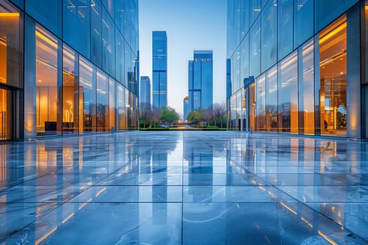 See the city skyline from the glass building, with skyscrapers, condo towers, and commercial buildings reflecting on the water below during the daytime