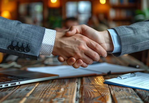 Two businessmen are exchanging a handshake across a rustic hardwood table, showcasing a professional gesture of agreement and partnership
