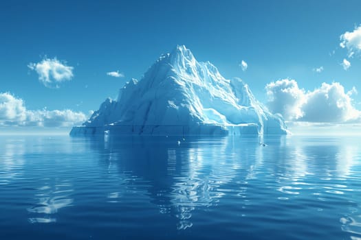 A massive iceberg drifts in the ocean, surrounded by water and under a cloudy sky. Its snowy peak resembles a mountain in a mesmerizing natural landscape