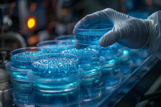 The person is holding a petri dish containing liquid in a laboratory setting, possibly filled with water or another fluid for testing purposes