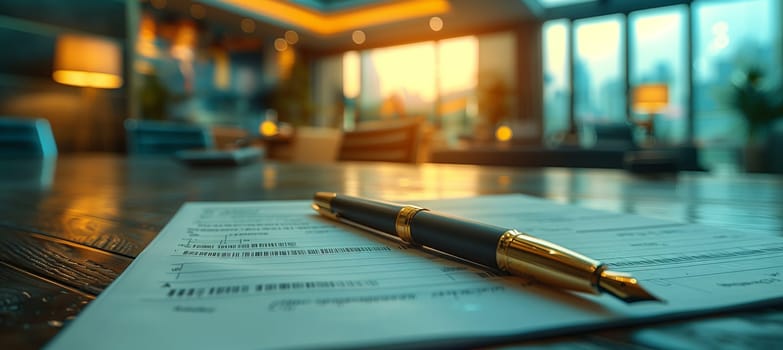 A wooden table in a cozy room with a glass of water and a pen resting on a piece of paper. The ambiance is perfect for leisure activities or real estate planning