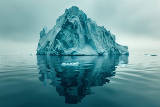 A massive iceberg drifts in the ocean surrounded by water, under a sky blending with the horizon. A stunning natural landscape of polar ice cap and snow