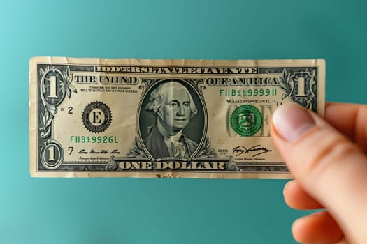 The person is holding a banknote worth one dollar in their hand. The rectangular currency is being held by their thumb and finger, part of their money handling. It is considered collectable by some