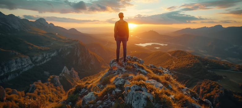 A person is standing on a mountain peak as the sun sets, surrounded by the natural landscape with clouds in the sky and a colorful sunset atmosphere