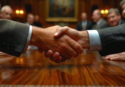 Two individuals are exchanging a firm handshake across a polished hardwood table. Their hands are clad in suit trousers, showcasing a gesture of respect and formality