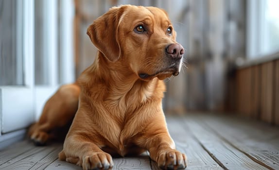 A fawncolored carnivore dog with whiskers is laying on a wooden floor, gazing up. Dogs are loyal companion animals and can also be trained as working animals