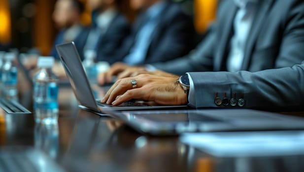 A group of individuals sitting around a table with laptops in front of them, typing away on their personal computers while occasionally making gestures with their fingers