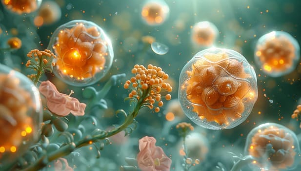 An artistic computergenerated closeup image of a group of cells resembling a terrestrial plant floating underwater. The image combines elements of marine biology, science, and art