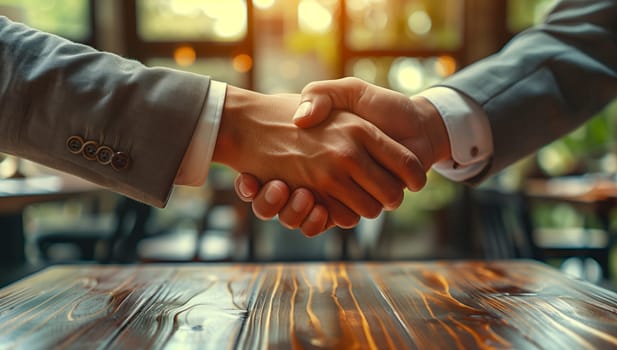 Two individuals are making a gesture of goodwill by shaking hands across a hardwood table, showcasing their human connection and mutual respect