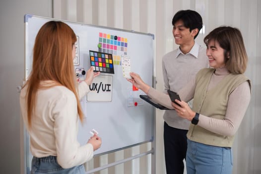 A team of software developers brainstormed to design a smartphone application by planning on a whiteboard and using it to develop the application system..